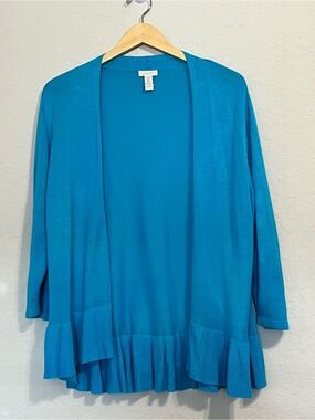 Chico’s Size 2 Turquoise Blue Open Front Ruffle Hem Cardigan Lightweight Rayon L